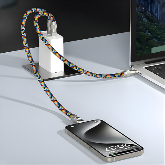 GRUNX Loop USB-C lanyard cable 60W powering iPhone 15 and OnePlus device simultaneously shown on study desk