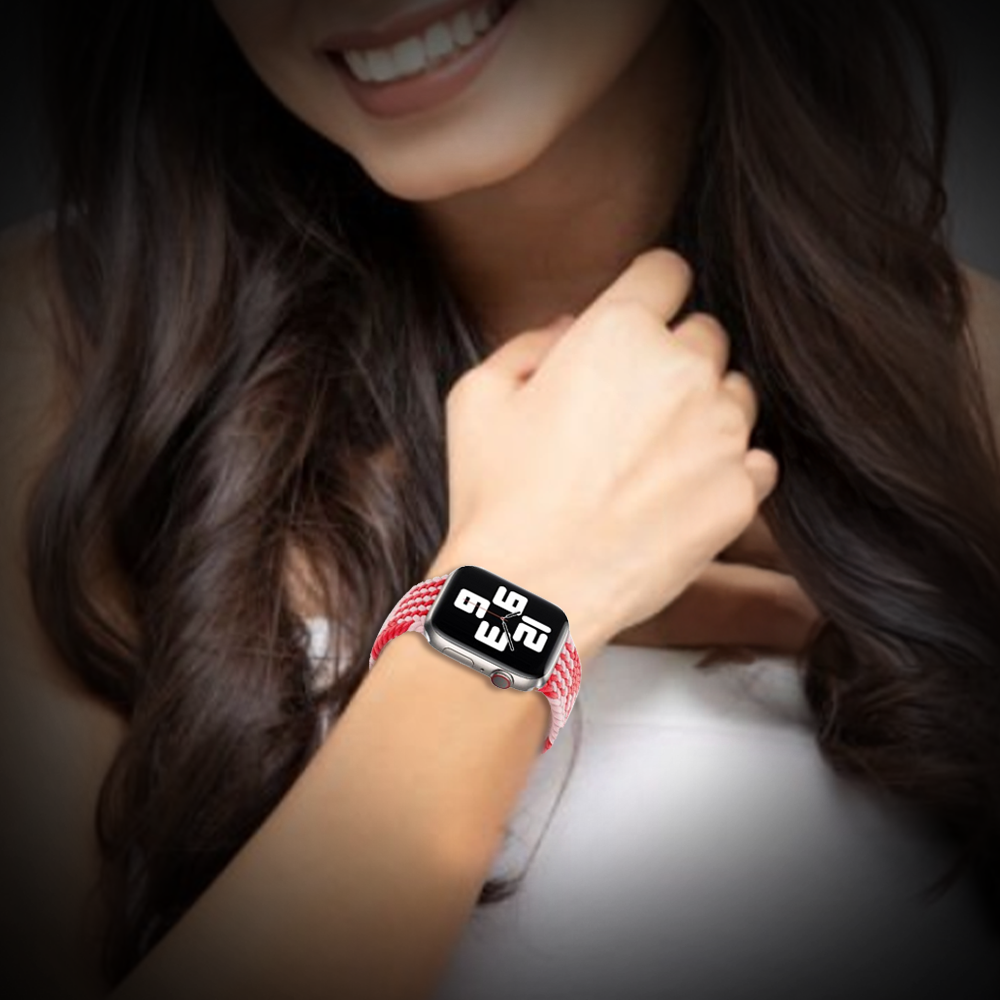 GRUNX Pinku artisan braided nylon loop band close-up vibrant pink blue weave texture Apple Watch