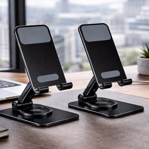 Portable GRUNX phone and tablet holder on study desk for students and professionals