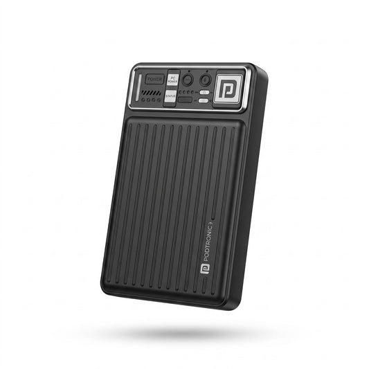 A black Portonicity portable power bank with a ribbed front panel and a control interface on top, shown floating against a white background with a soft shadow underneath.