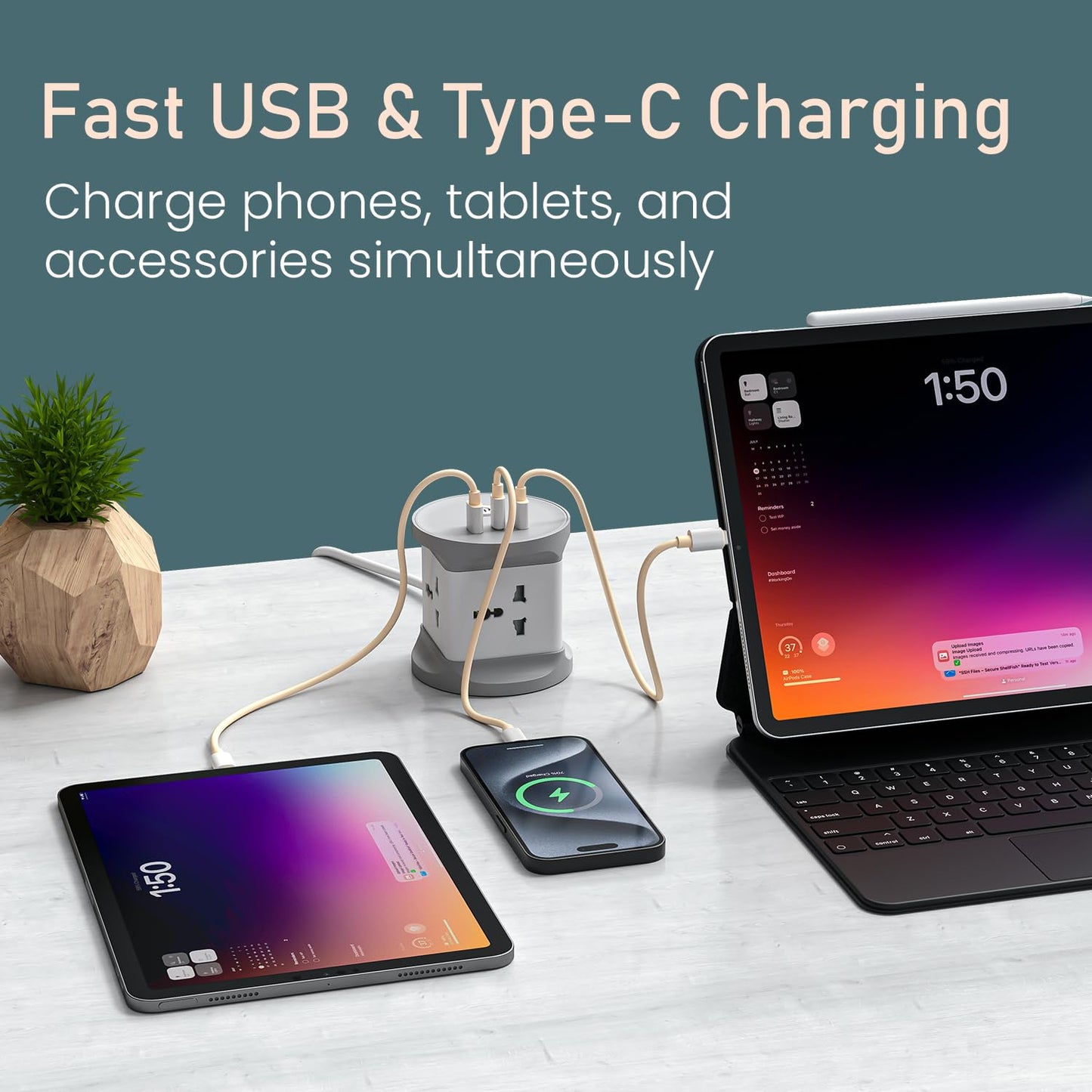 Portronics power cube fast charging tablet phone and laptop simultaneously via USB and Type-C