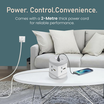Portronics power cube on coffee table charging phone with 2 meter thick power cord in living room
