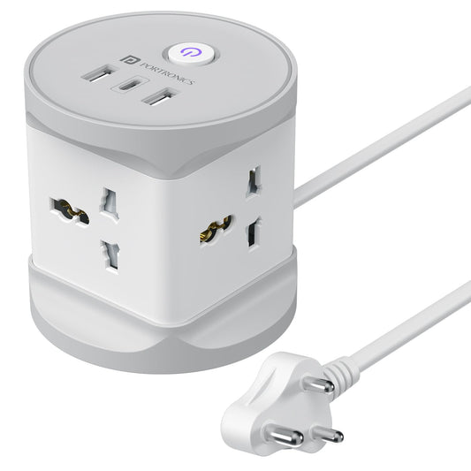 Portronics 7-in-1 cube power strip with 4 universal sockets USB-A Type-C ports and Indian 3-pin plug