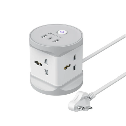 Portronics 7-in-1 cube power strip with 4 universal sockets USB-A Type-C ports and Indian 3-pin plug