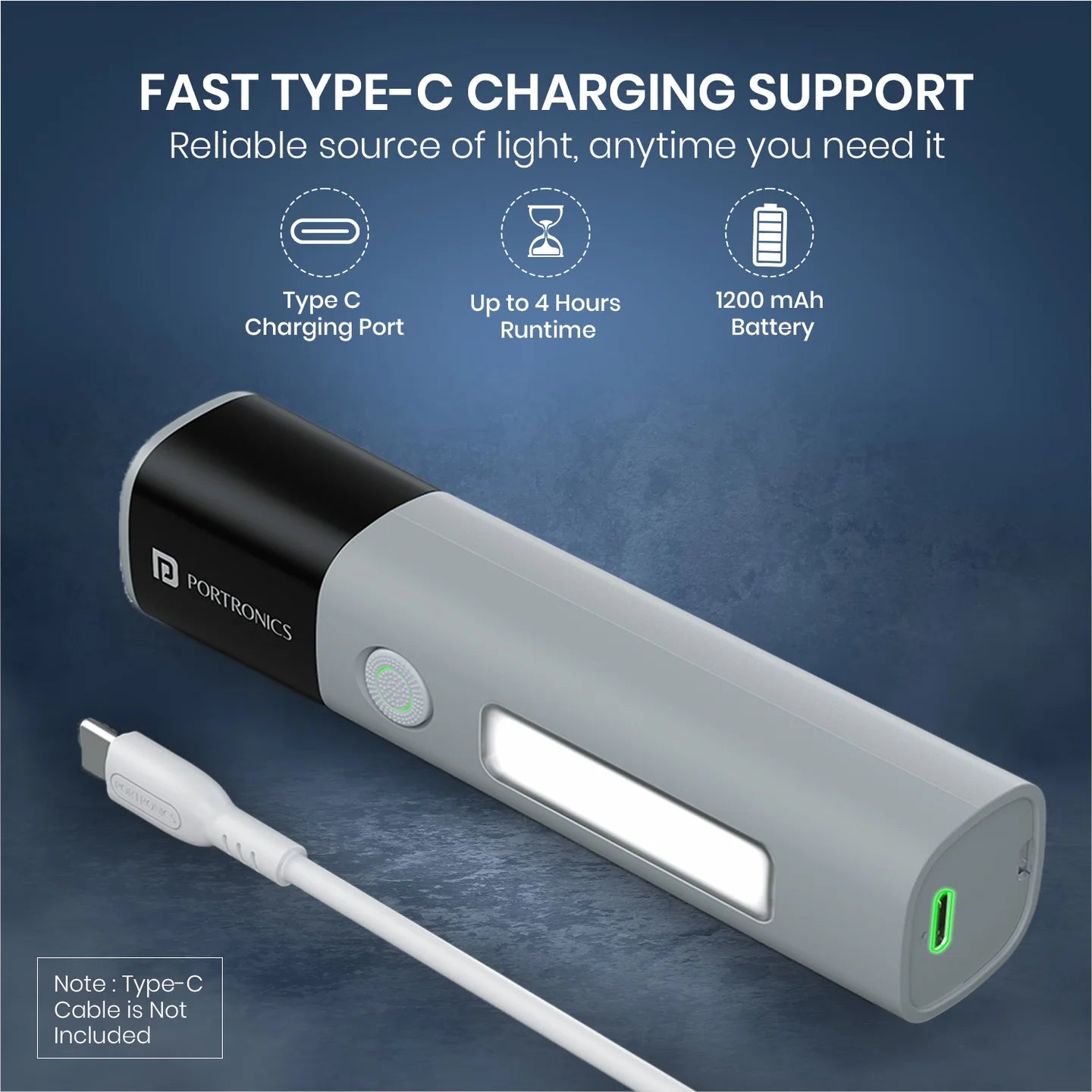Portronics portable rechargeable flashlight torch being charged via Type-C cable India