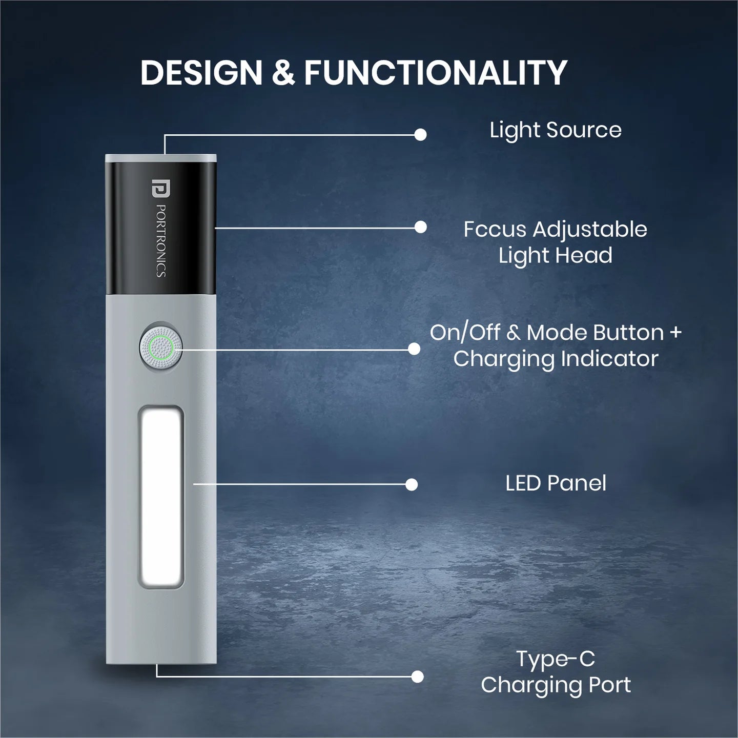 Portronics rechargeable LED torch compact design India camping emergency home use GrunX