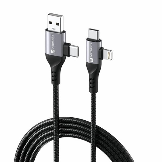 Portronics 4-in-1 nylon braided charging cable black with dual-end connectors USB-A Type-C and Type-C Lightning on white background