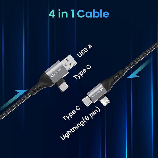 Portronics 4-in-1 cable connector diagram showing USB-A, Type-C on one end and Type-C with Lightning 8-pin on the other end