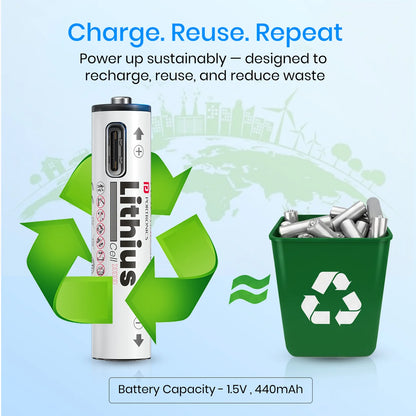 Portronics AAA USB C Rechargeable Lithium Ion Battery - 1.5V Fast Charge Cell