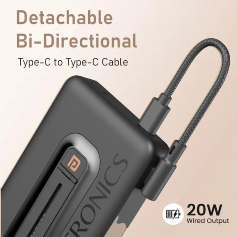 Detachable bi-directional Type-C to Type-C cable with 20W wired output on a gray background
