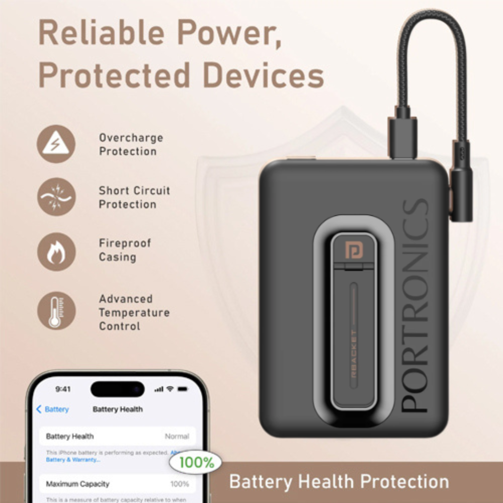 Porttronics battery protection device with smartphone showing battery health on a beige background