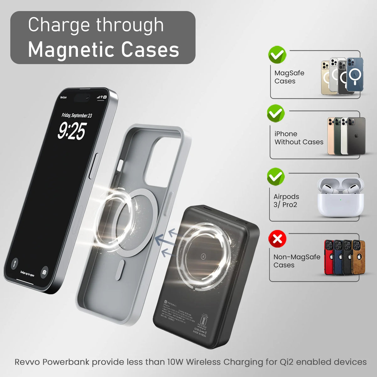 Smartphone with magnetic case and wireless charging capabilities, featuring Revvo Powerbank branding.