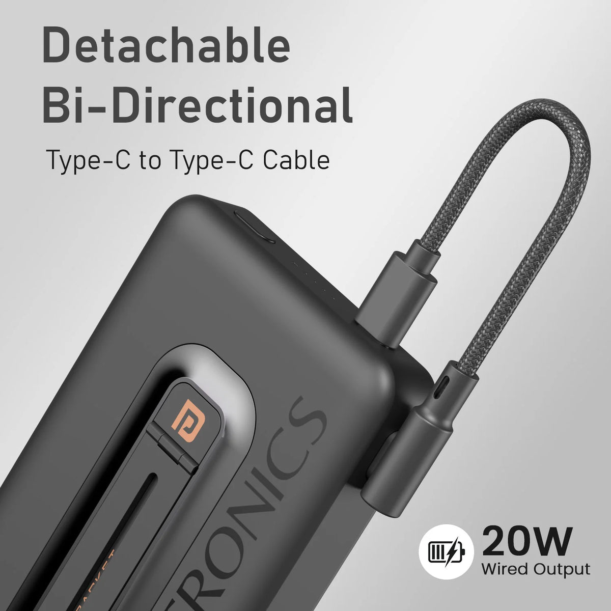 Detachable bi-directional Type-C to Type-C cable with 20W wired output on a gray background