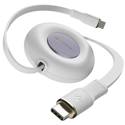 Portronics retractable Type-C to Type-C flat cable with round white disc housing gold metal connectors on white background