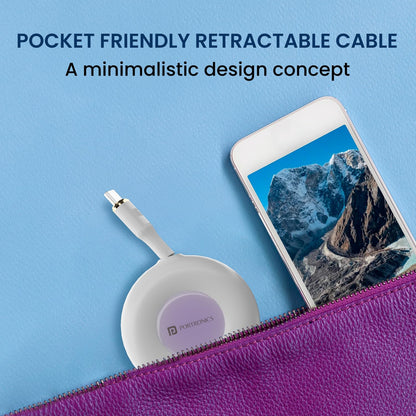 Portronics pocket-friendly retractable USB Type-C cable with minimalistic round disc design next to smartphone in purple zipper pouch