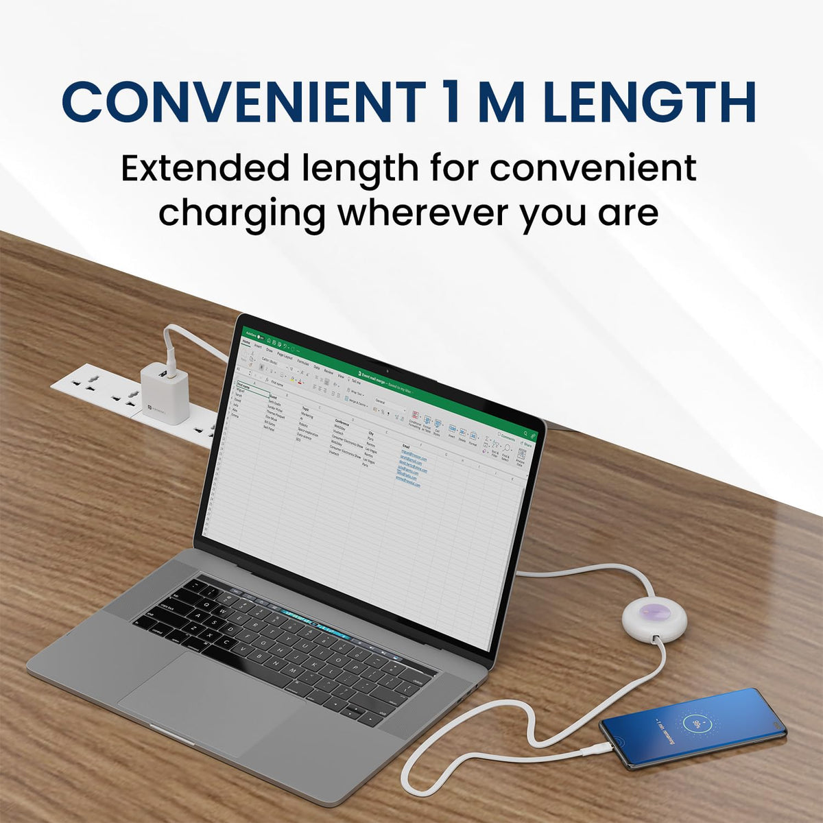 Portronics retractable Type-C to Type-C cable 1 metre length connected to MacBook laptop and smartphone on office desk