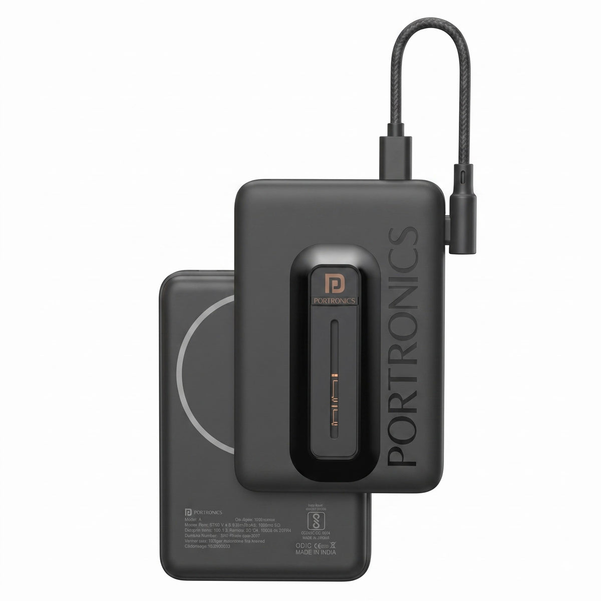 A black Portronics portable power bank with a built-in cable, shown in front of its magnetic charging case on a plain white background.