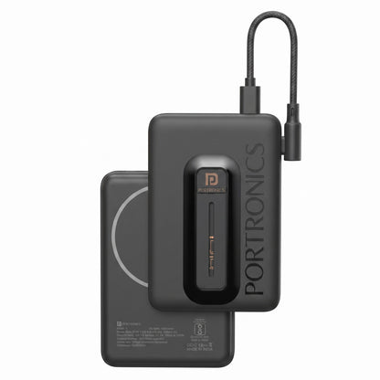 A black Portronics portable power bank with a built-in cable, shown in front of its magnetic charging case on a plain white background.