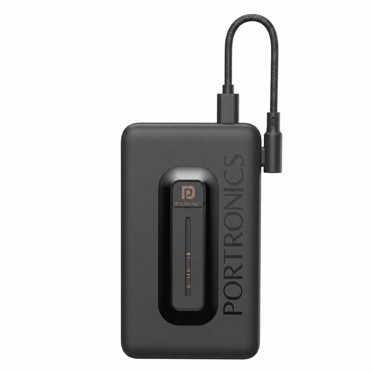 A black Portronics portable power bank with a built-in cable, shown on a solid white background.