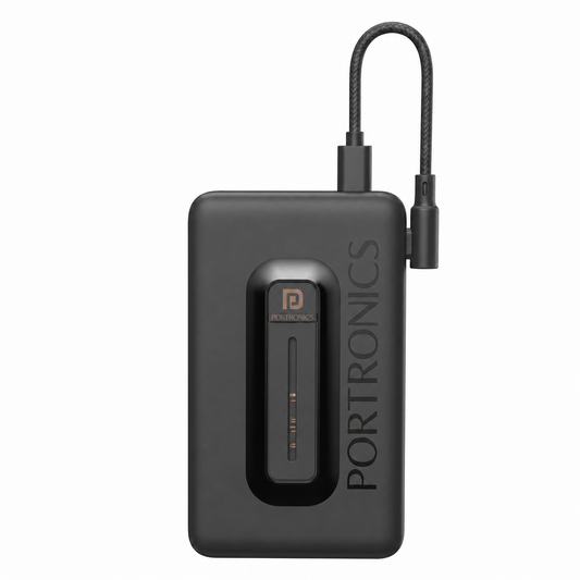 A black Portronics portable power bank with a built-in cable, shown on a solid white background.