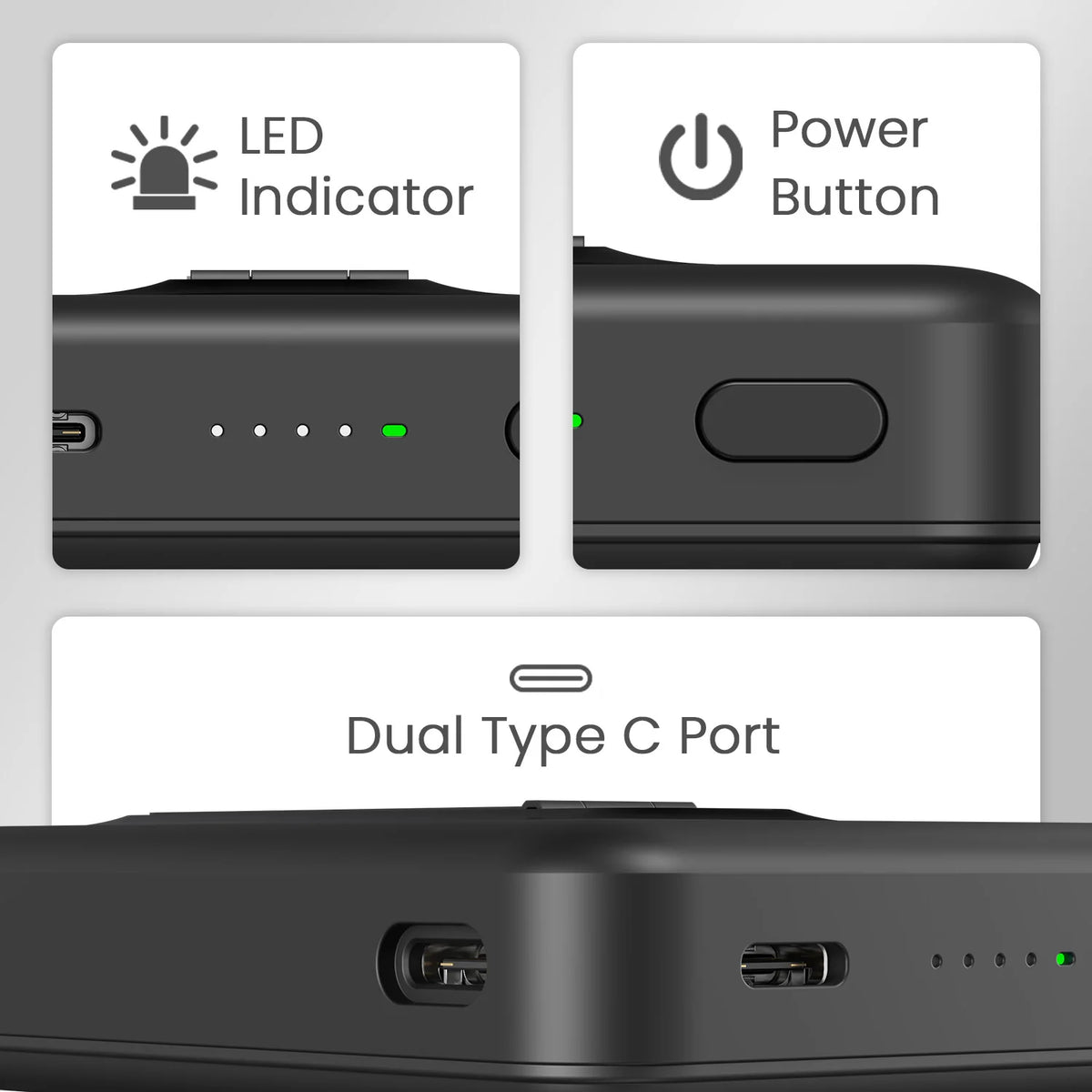Close-up of a power bank with LED indicator, power button, and dual Type C ports.