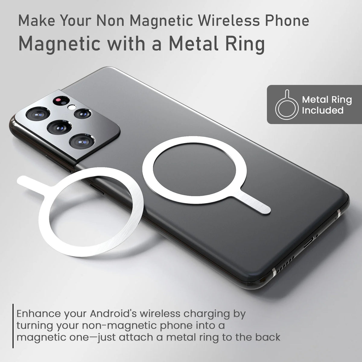 Phone with metal ring attachment on a gray background