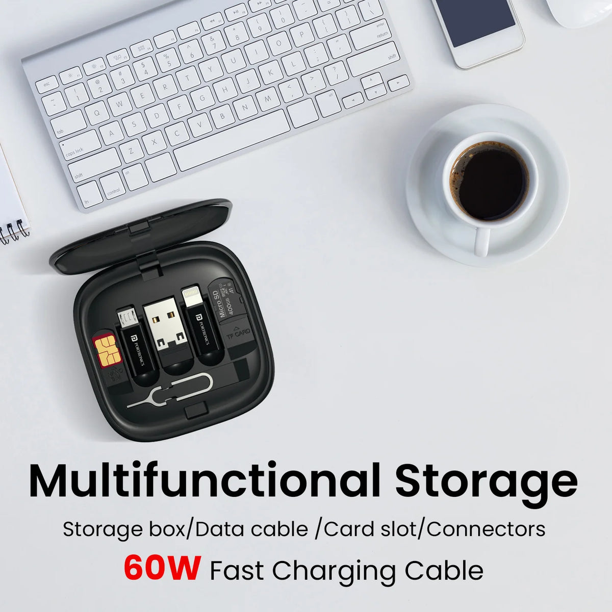 Multifunctional storage case with USB devices on a desk with keyboard and coffee cup.