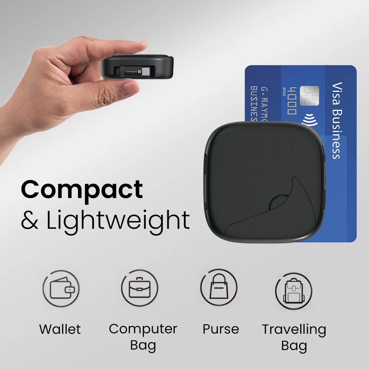 Hand holding a small black device next to a Visa card, with text 'Compact & Lightweight' and icons indicating its portability.