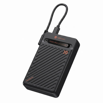 A black Portronics 10,000mAh portable power bank with a textured diagonal ribbed design, orange branding, and a built-in carrying strap, shown on a solid white background.