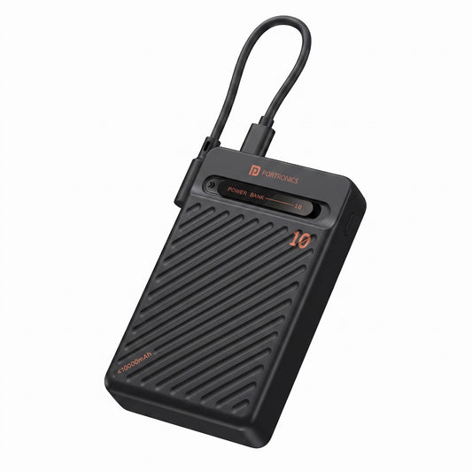 A black Portronics 10,000mAh portable power bank with a textured diagonal ribbed design, orange branding, and a built-in carrying strap, shown on a solid white background.