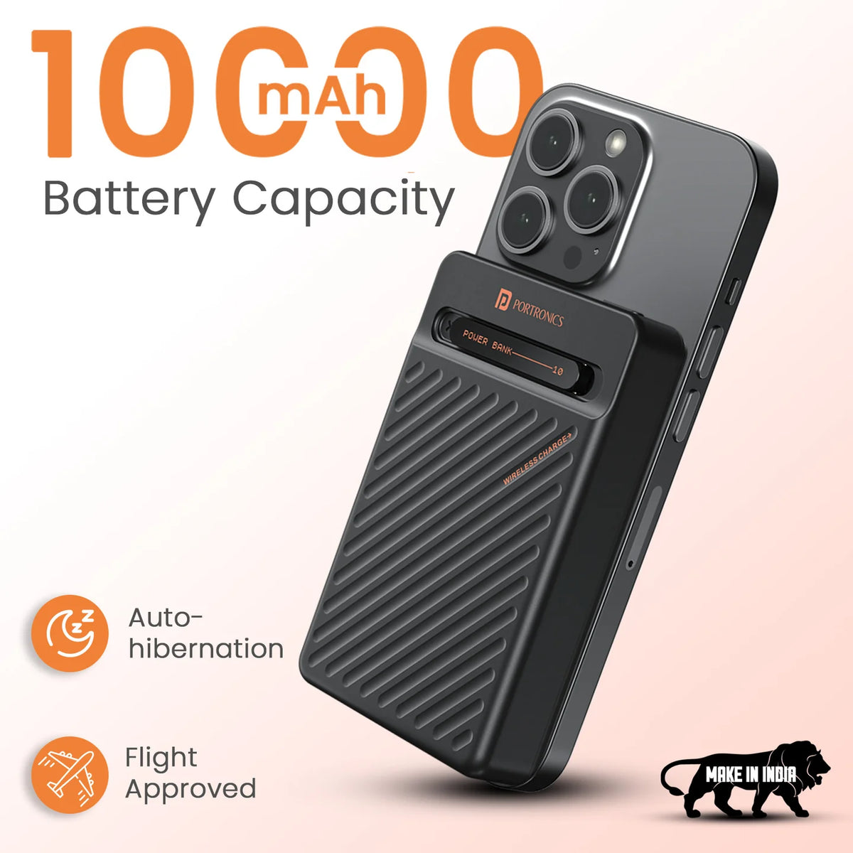 Phone case with 10,000mAh battery capacity on a light pink background