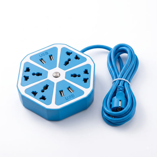 A blue and white octagonal multi-outlet power strip with USB ports, shown with its coiled blue power cord on a white background.