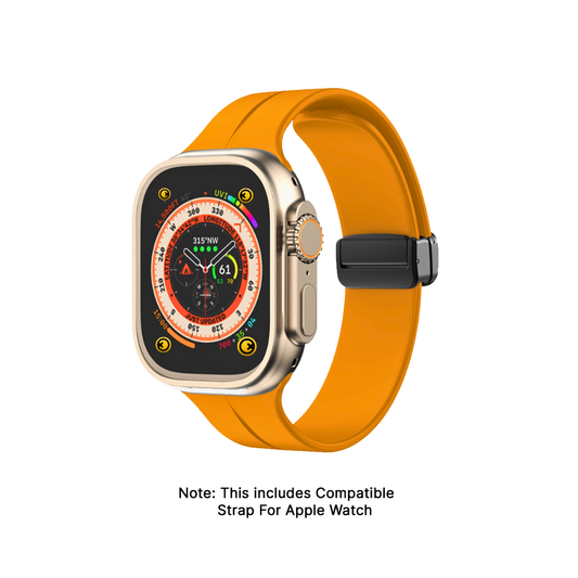 GRUNX Prime yellow soft silicone Apple Watch strap with steel magnetic buckle on Apple Watch clean Indian desk