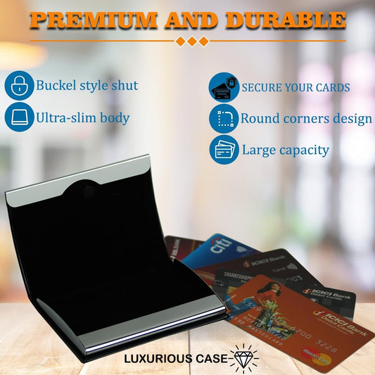 Personalized Laser Engraved Business Card Holder Black Leather Stainless Steel Magnetic Closure Brand Name | GrunX
