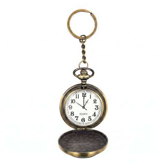 An antique-style pocket watch keychain with an open bronze-finished case, a white dial face with black numerals and hands, and a split key ring at the top, shown on a plain white background.
