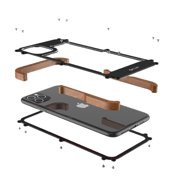 Case and Cover iPhone 14 Pro Max  Black Metal Frame, Wooden Side Panels, and Multiple Screws, Showcasing its Assembly and Protective Design Rocket GrunX in India