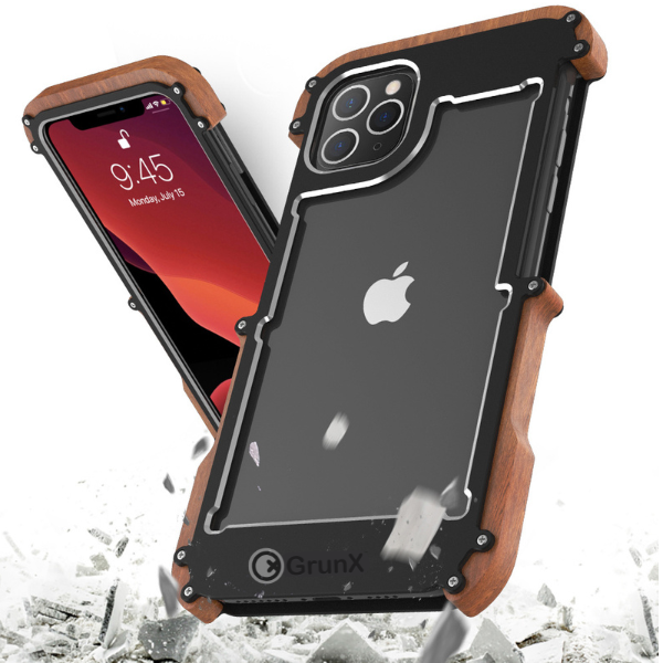 Close up of GRUNX Rocket Woody iPhone case aluminum frame wood finish texture and precision cutouts