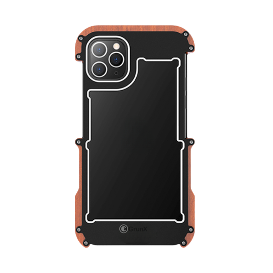 GRUNX Rocket Woody aviation grade metal iPhone case with wood finish rugged shockproof design on modern desk setup