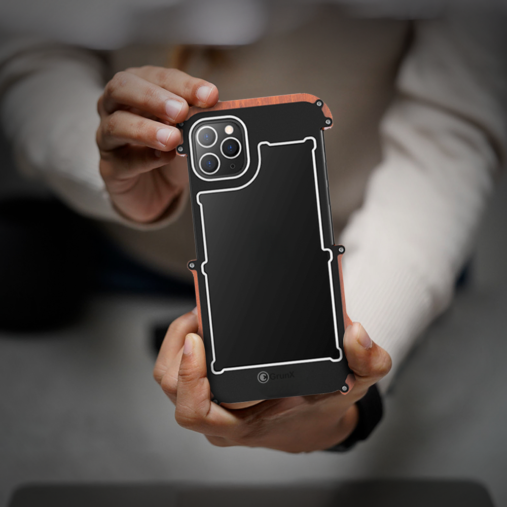 GRUNX Rocket Woody metal iPhone case showing aluminum frame and wood texture back premium rugged design