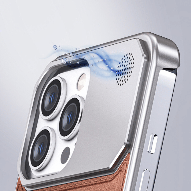 GRUNX Ronaldo silver iPhone case showing Mac Pro-inspired cooling holes anodized aluminium rimless borderless design detail