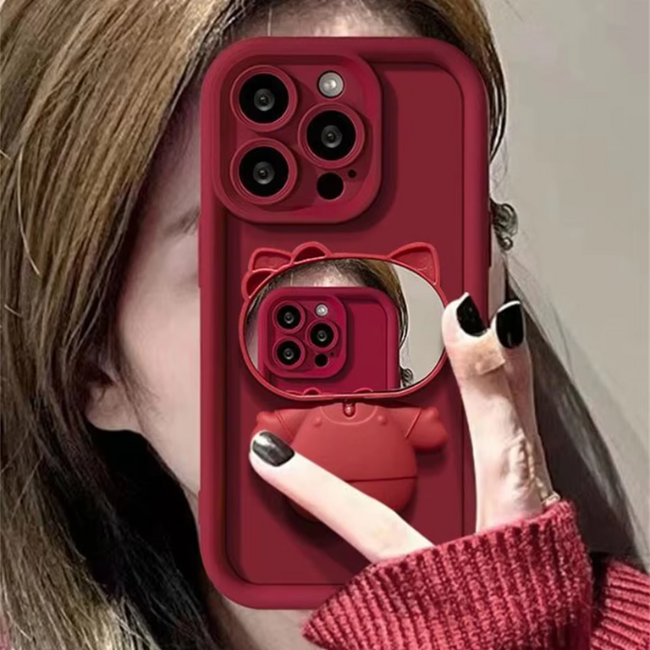 GRUNX Rose luxurious red iPhone 15 Plus 15 Pro 15 Pro Max case showing built-in rotating mirror bracket reflection India