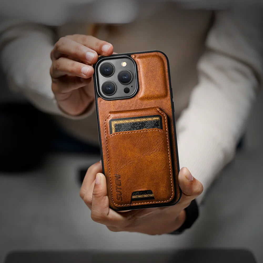 GRUNX Rush leather iPhone wallet case open showing dedicated card slots holding Aadhaar and debit cards India