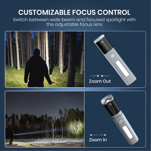 Portronics tactical LED flashlight focused beam spotlight adjustable zoom ring India - GrunX