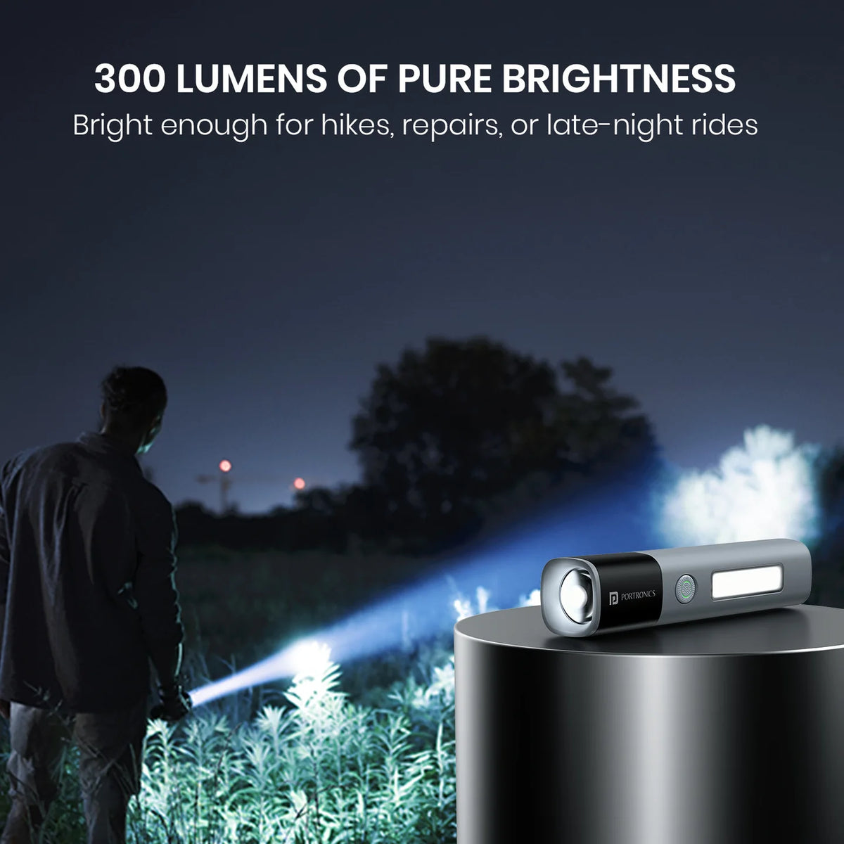 Portronics LED torch illuminating dark path at night 300 lumens beam India outdoor use | GrunX