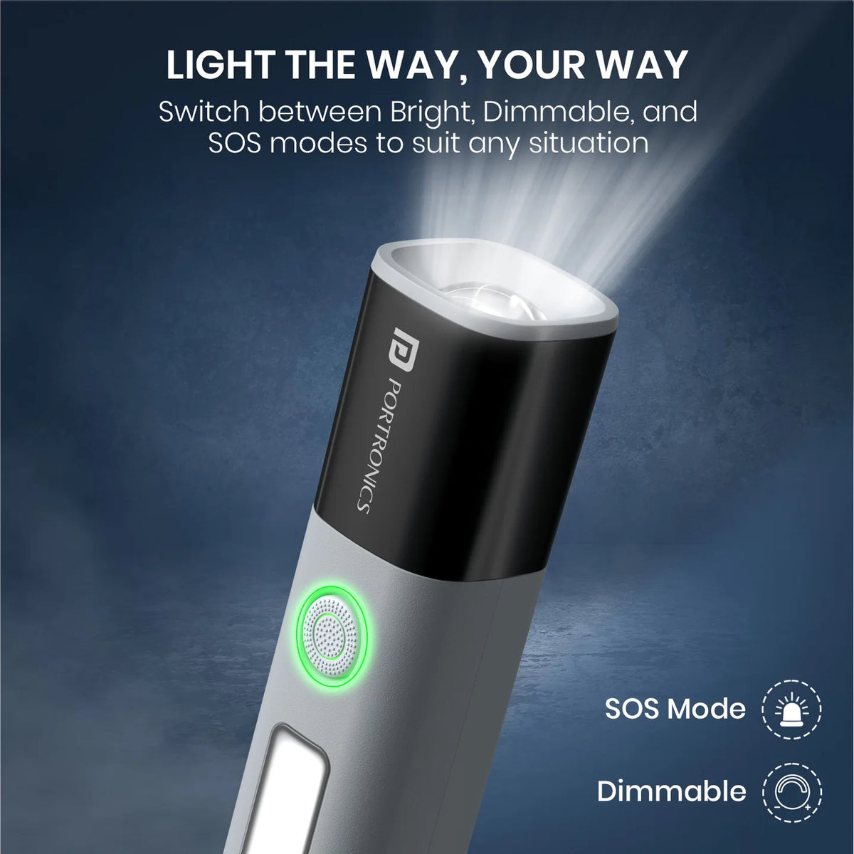 Portronics best rechargeable LED torch India Type-C charging 1200mAh battery GrunX