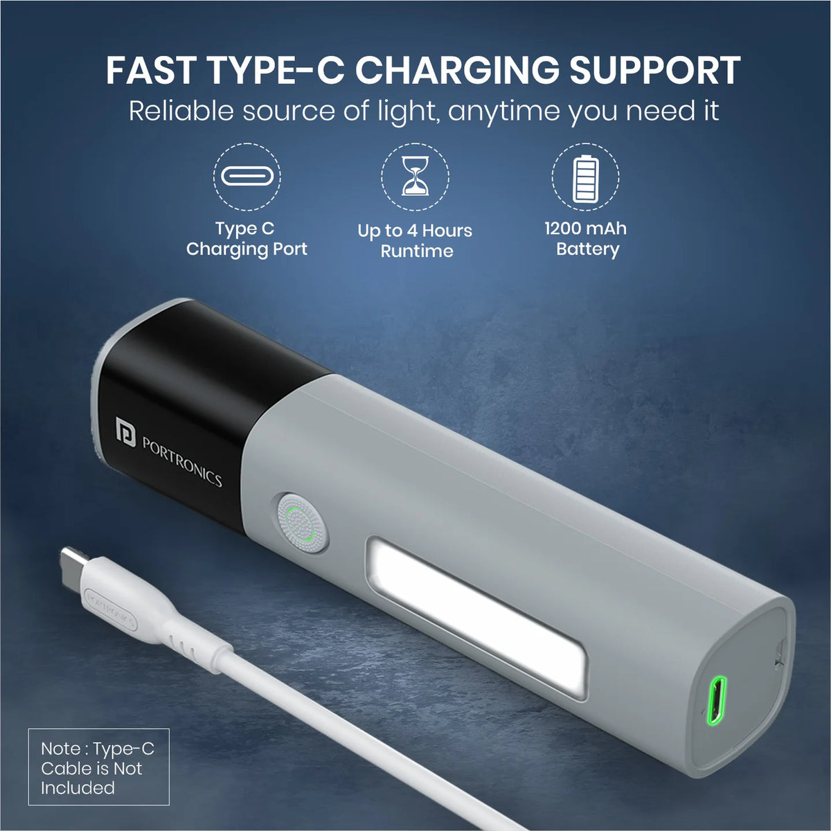 Portronics portable rechargeable flashlight torch being charged via Type-C cable India