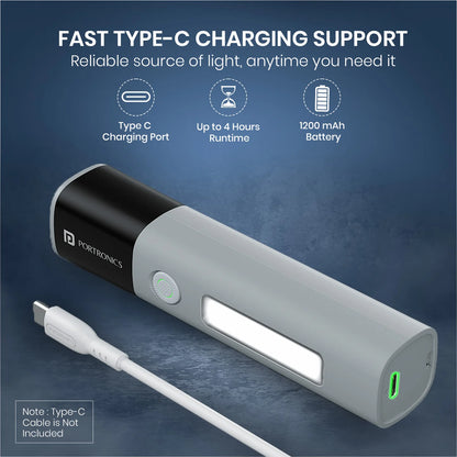 Portronics portable rechargeable flashlight torch being charged via Type-C cable India