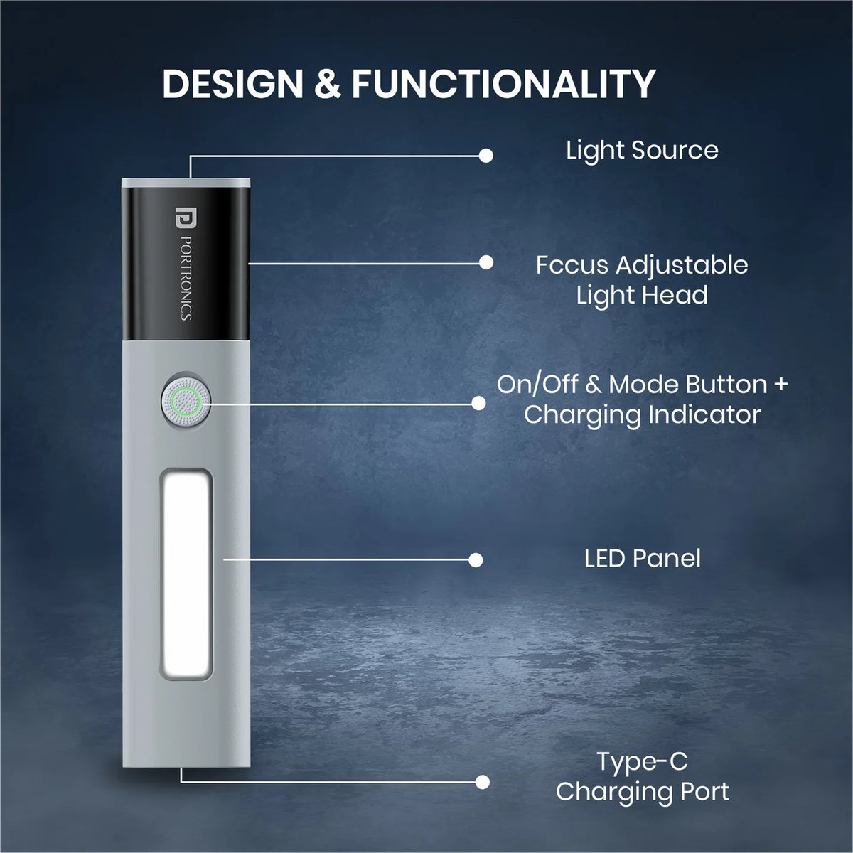 Portronics rechargeable LED torch compact design India camping emergency home use GrunX