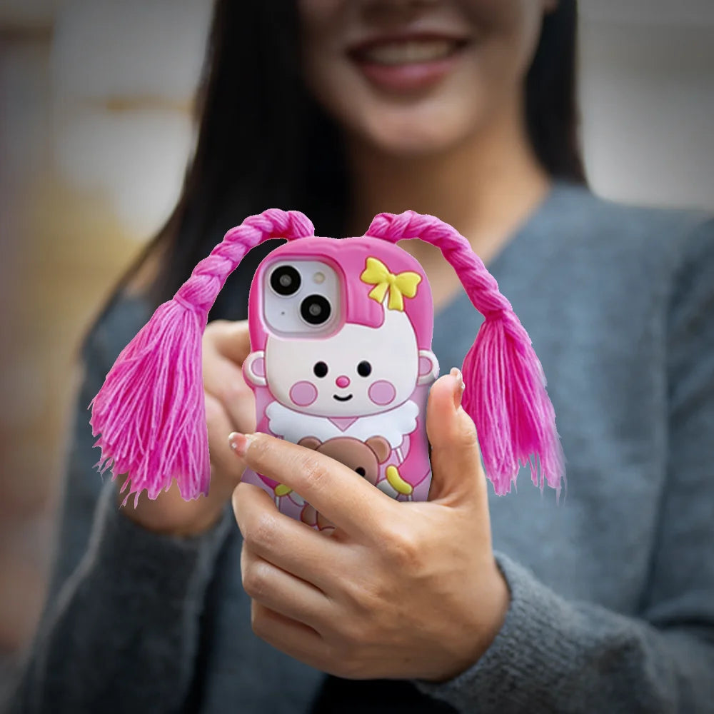 GRUNX Sandra cute cartoon iPhone case held by Indian woman showcasing pink white bear design back view