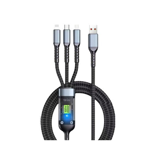 3-in-1 LED Display Fast Charging Cable with Lightning, USB-C and Micro USB Connectors - Braided Multi Charging Cable with Digital Power Meter Display for iPhone Android
